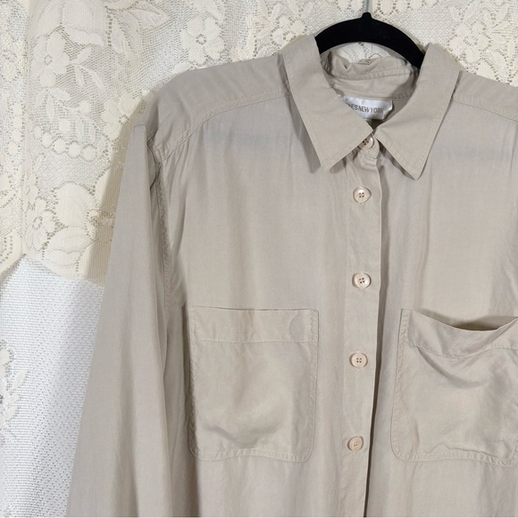 Vintage Silk Button Down Blouse Taupe Cream Minimalist Luxury Size 2X Large - Picture 4 of 9